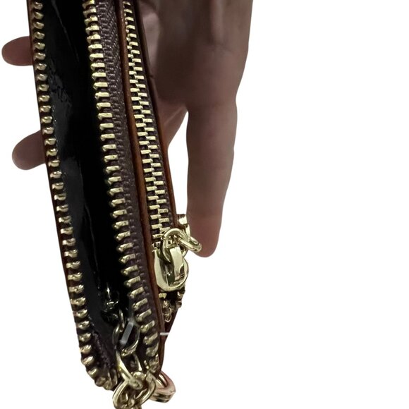 Small Brown Dual Zipper Leather Coin Purse With Gold Heart Zipper Pull - Picture 5 of 5